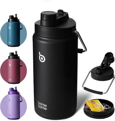 Термобутилка BOTTLE BOTTLE 1.8 л з трубочкою, пігулковницею та ручкою, нержавіюча сталева пляшка для води для спорту і подорожей, чорна