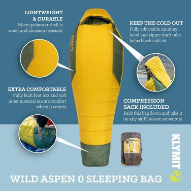 Сплячий мішок KLYMIT Wild Aspen, Regular -17.8°C, для кемпінгу, хайкінгу та альпінізму