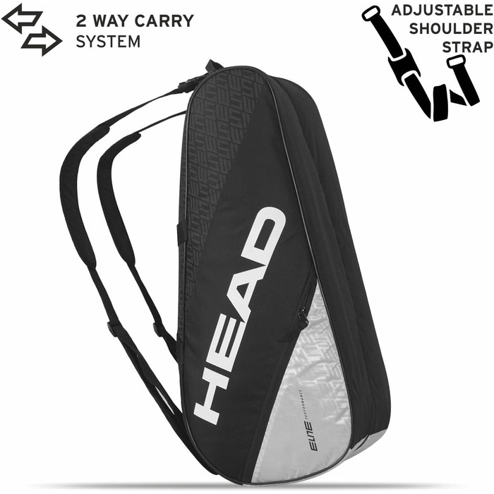 Тенісна сумка HEAD Elite 9R Supercombi Unisex чорно-біла - професійна для ракет та аксесуарів