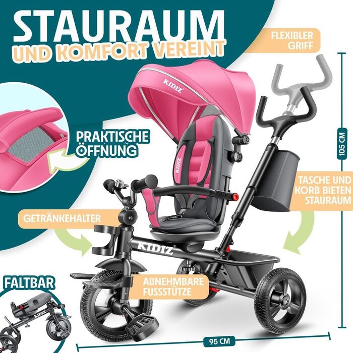 Дитяче триколісне велосипед KIDIZ 6в1 з батьківською ручкою, кошиком, дахом та гальмами. Підходить для дітей від 9 місяців до 25 кг. Рожевий.
