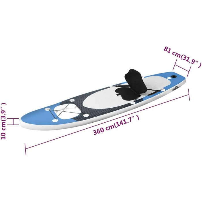 Надувна SUP-дошка vidaXL для дорослих, комплект, 360x81x10 см, морський синій, серфборд для стоячого веслування з веслом