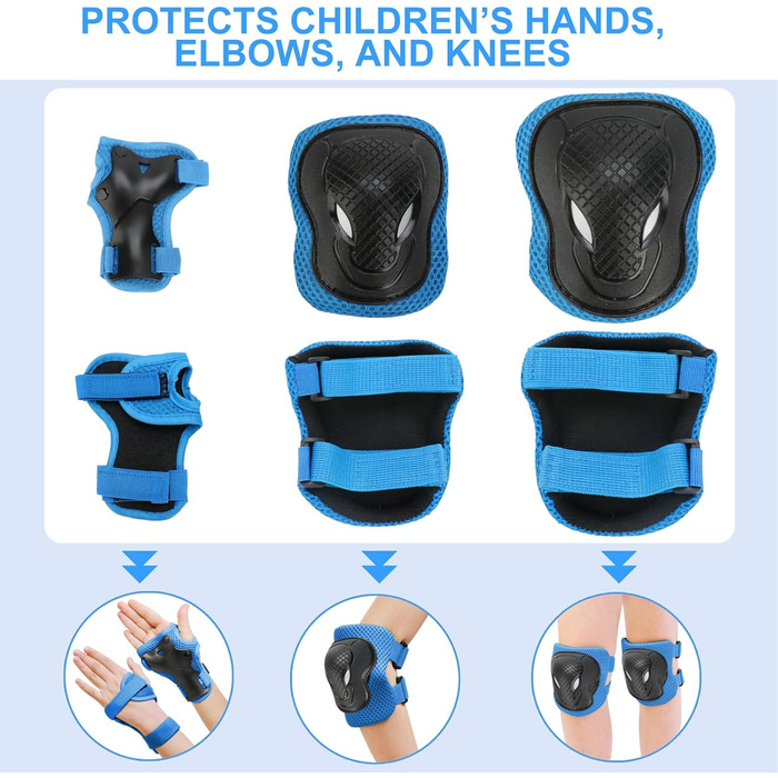 Дитячий шолом KAMUGO з повним комплектом захисту: наколінники, налокітники, захист для зап'ясть. Підходить для дітей 1-8 років (Himmelblau)