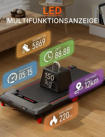 Біговий доріжка з нахилом 5%, компактна під стіл для дому та офісу, портативна бігове обладнання з LED дисплеєм, пульт дистанційного керування, вантажопідйомність 150 кг, 2.5HP, тихий двигун, чорний