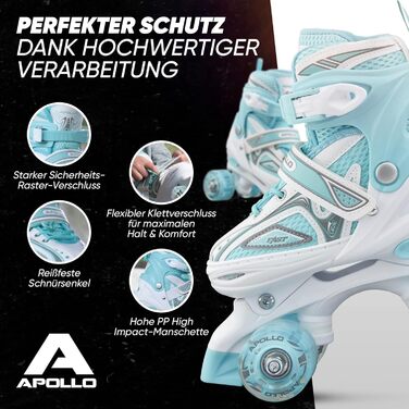 Роликові ковзани Apollo Super Quad X Pro для дітей, регульовані, LED, розмір 31-42, блакитний/м'ятний