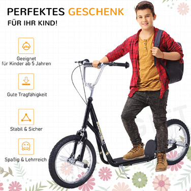 Дитячий самокат HOMCOM з пневматичними шинами Kickscooter Scooter Kick Scooter City Scooter для дітей Kickboard 16 дюймів від 5 років Регульований по висоті чорний | Аосом