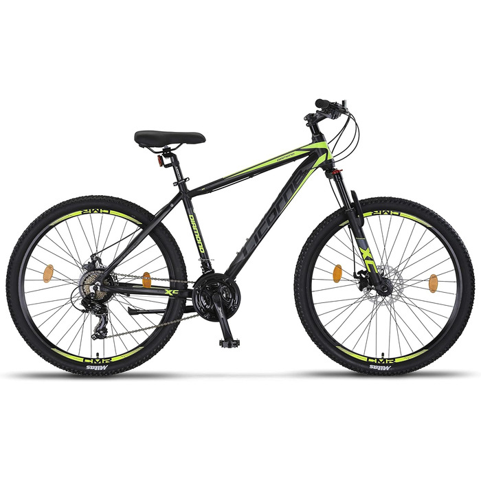 Гірський велосипед Licorne Bike Diamond Premium 27.5'' алюмінієвий, 21 швидкість, дискові гальма, регульована вилка, чорний-лайм, для хлопців, дівчат, чоловіків і жінок