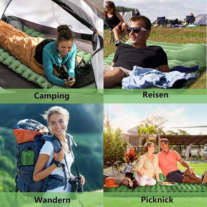 TENQUAN Килимок для кемпінгу самонадувний, 9см, для сну, відпочинку, подорожей, з насосом, для авто, намету, трекінгу, пляжу (Pfauen/Grau) (Grün)