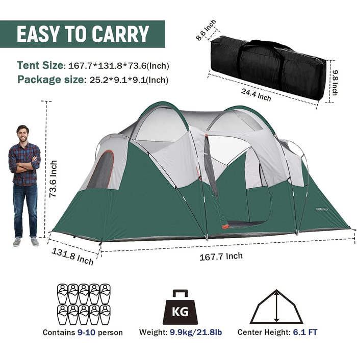 Намет кемпінговий HIKERGARDEN для 6-10 осіб, сімейний, 420x330x180 см, зелений - легкий у встановленні