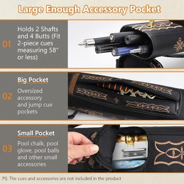 Чохол для більярдних київ 2x4, жорсткий, з підставкою, чорний. Місце для 2 наконечників та 4 ручок