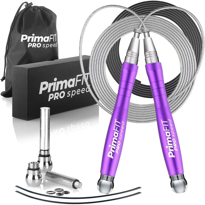 Скакалка PrimaFIT для дорослих, фітнес, професійна, 3м, регульована з обважнювачами, 2 підшипники, антиковзні ручки, для боксу, MMA, кросфіту, сталевий трос, чохол, фіолетова
