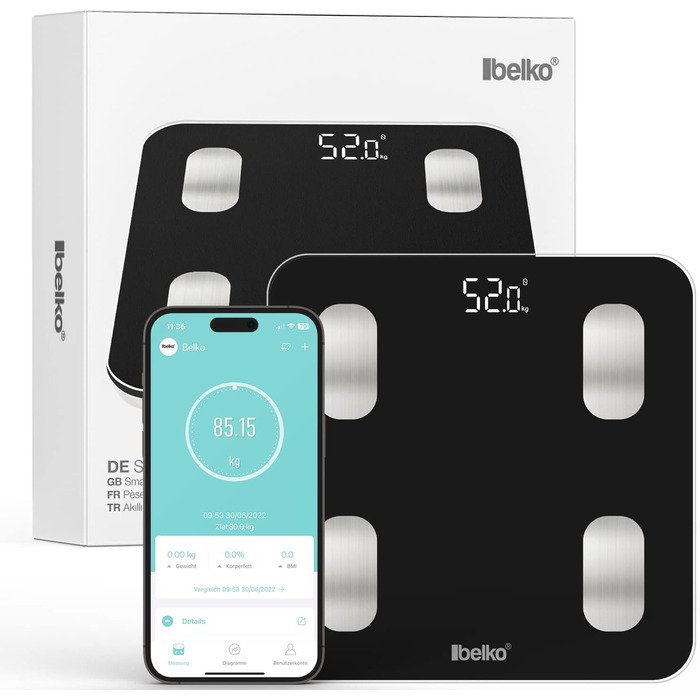 Вага Belko для вимірювання жиру в тілі Smart з Bluetooth® та додатком для вимірювання жиру, ІМТ, ваги, м'язової маси, води, білка, BMR та іншого, чорна