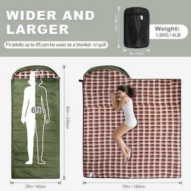 Спальний мішок Baumwoll-Flanell для дорослих, 100% бавовна, для кемпінгу, трекінгу, подорожей з рюкзаком, легкий, 3-4 сезони (зелений/коричневий)