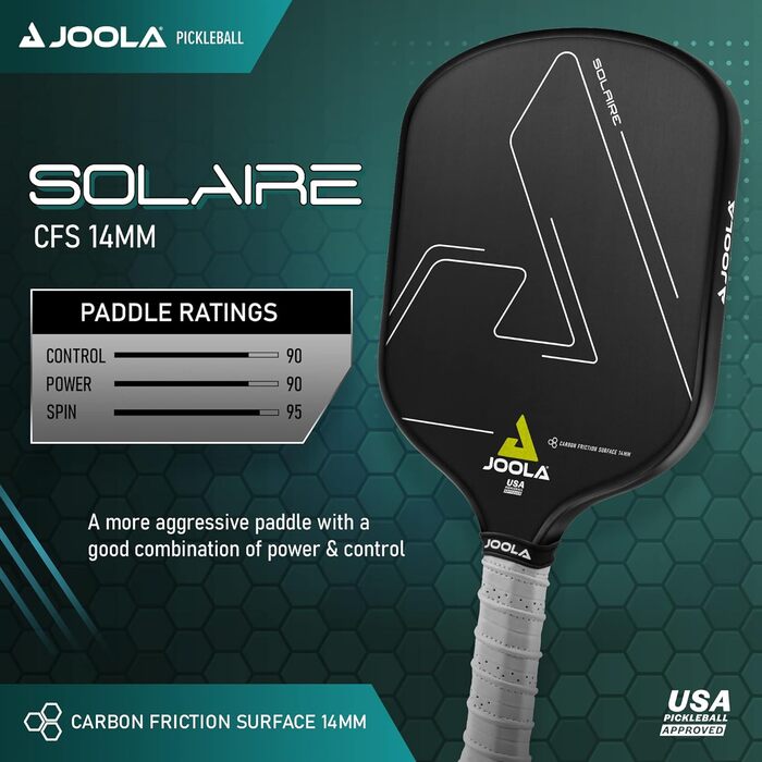 JOOLA Solaire професійна ракетка для піклболу з карбоновою поверхнею, поліпропіленовий стільниковий сердечник 14 мм, ідеальний баланс спіну, сили та контролю