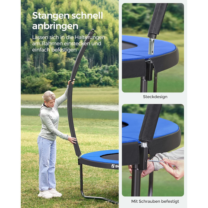 Батут SONGMICS Outdoor Ø 244/305/366/427 см, круглий, для саду, з сіткою безпеки, захисним бордюром, сходами та м'якими стійками, чорно-синій