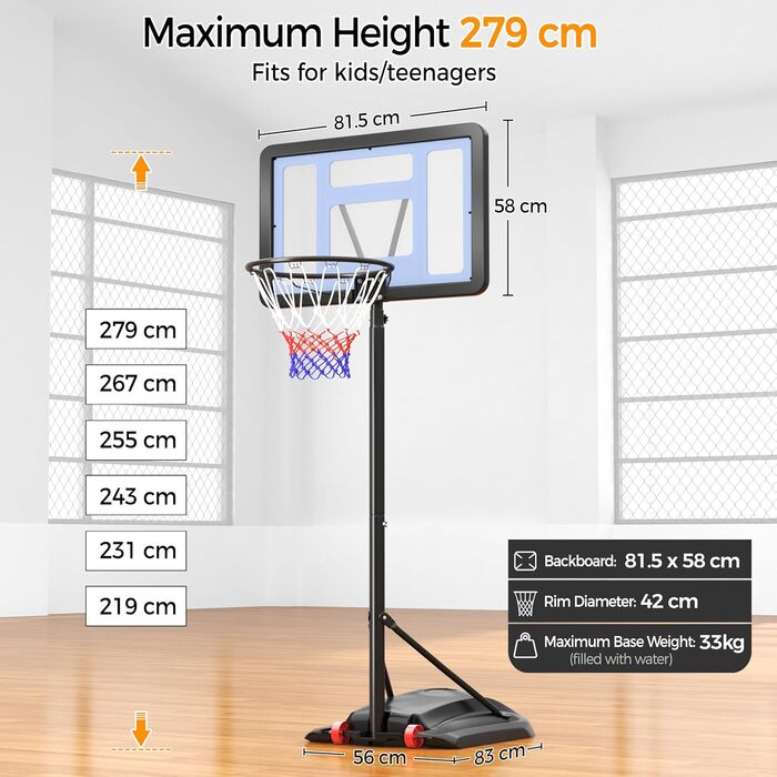 Стійка для баскетболу Yaheetech з роликами, регульована висота, для вулиці