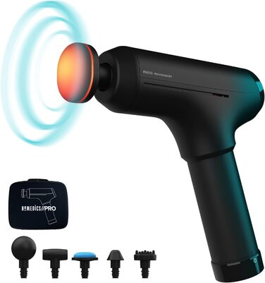 HoMedics масажний пістолет для тіла, бездротовий, з підігрівом, 5 насадок, для шиї, плечей, спини, чорний, перезаряджуваний