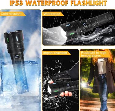 Ліхтар LED Vicloon, 500000 люмен, надпотужний, з регулюванням фокусу, 5 режимів, USB-C, водонепроникний IP53, для кемпінгу, туризму, надзвичайних ситуацій