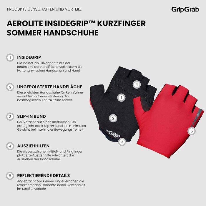GripGrab Aerolite InideGrip Profi Radport Race: тонкі велоперчатки Race Day з короткими пальцями, білі (XL, червоний)