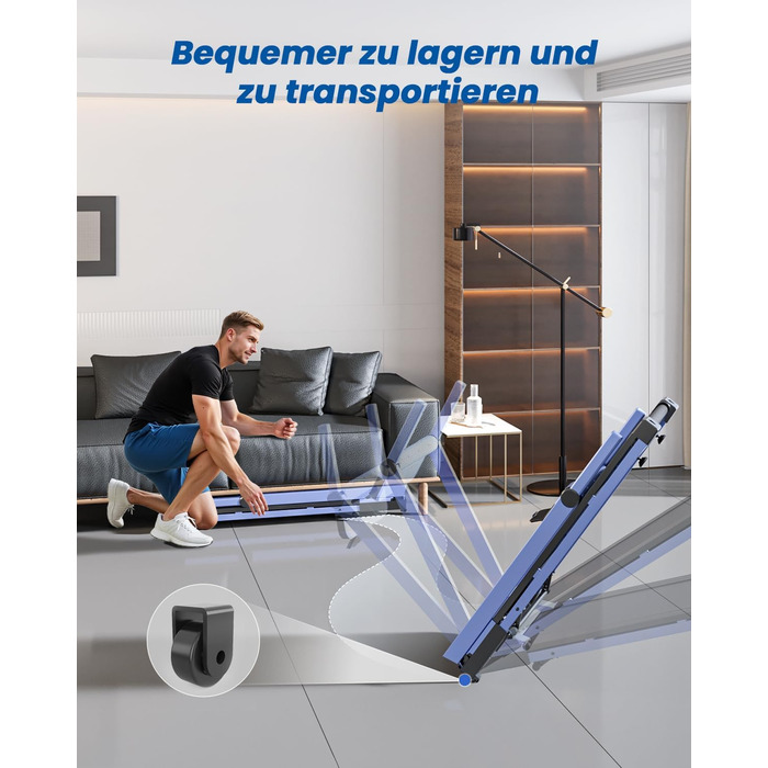 Складне бігове полотно для дому Klappbar 16 km/h, Walking Pad Foldable з нахилом 6%, бігове полотно 158 KG велика площа бігу 112 * 42cm, бігове полотно тихе для дому та офісу (Синьо-Чорний)