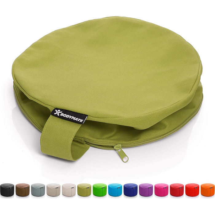 Йога-подушка BODYMATE кругла, 31 см в діаметрі, 13 см висотою, з наповнювачем з лушпини гречаного зерна, знімний чохол з 100% бавовни, для медитації та сидіння (оливковий)