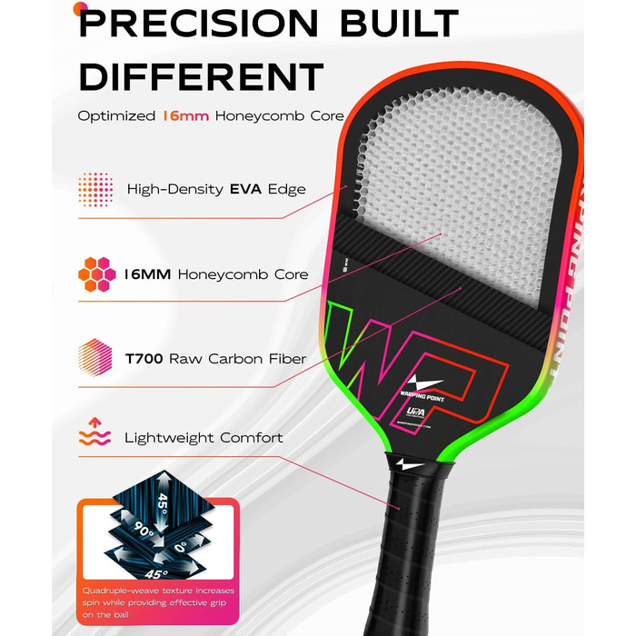 Ракетка для піклболу Warping Point Neon Gen 3, вуглецеве волокно T700, 16 мм EdgeFusion Core, термоформована, UPA-схвалена, для гравців рівня 3.5–4.0, градієнт (зелений, фіолетовий, помаранчевий)