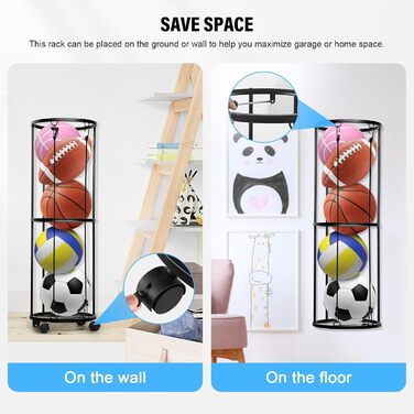 Стійка для м'ячів на колесах, органайзер для спортивного інвентарю, стійка для зберігання футболу та баскетболу, настінний тримач, знімна конструкція