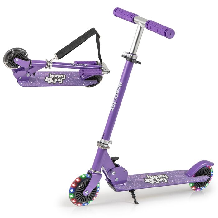 Самокат дитячий Kinder Scooter з LED-колесами, алюмінієвий, складаний, 3 регульовані висоти, до 50 кг, фіолетовий, зі стійкою та ременем безпеки