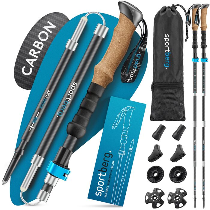Складані телескопічні палиці для скандинавської ходьби та хайкінгу з карбону з корковими ручками, регульовані за висотою, унісекс