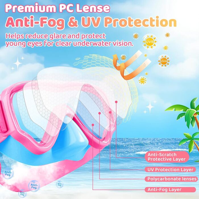 Дитячі маски для снорклінгу Vvinca з регульованим ремінцем, маски для плавання для дітей 3-14 років, хлопчиків та дівчаток, маска для дайвінгу 180° панорама, антизатоплювальна, 1-блакитний+рожевий