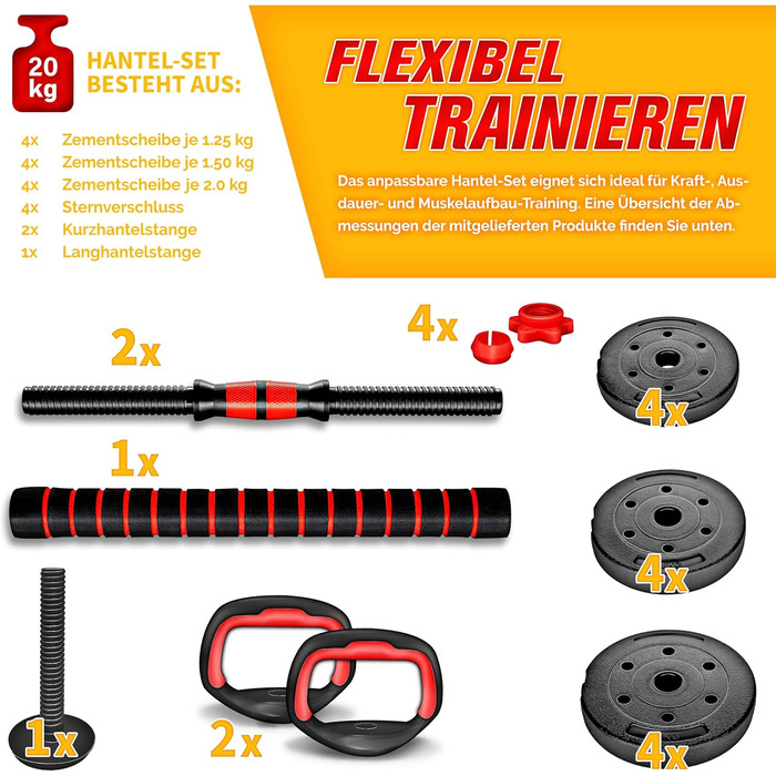Набір гантелей 2-в-1 Hanteln Set 15-30кг: регульовані гантелі, штанга зі зірковими фіксаторами, з'єднувальна труба (в комплекті з гирею 20кг)