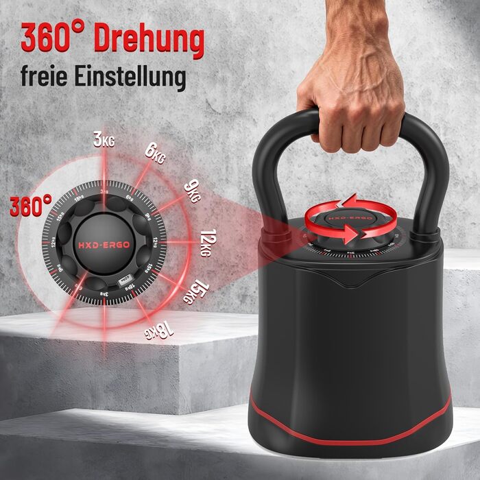 HXD-ERGO Регульована гантель-гиря 6-в-1 (3–18 кг) з швидкою зміною ваги, широким руків'ям, компактна для дому та залу, чорна