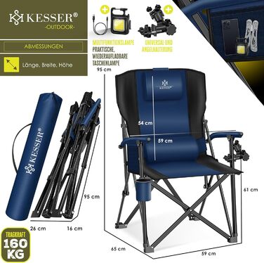 Крісло для кемпінгу KESSER® розкладне, 160 кг | Зручне рибальське крісло з підлокітниками, кишенею для напоїв та світлом | Для відпочинку на природі, пляжі, риболовлі | Navy Blue / Black