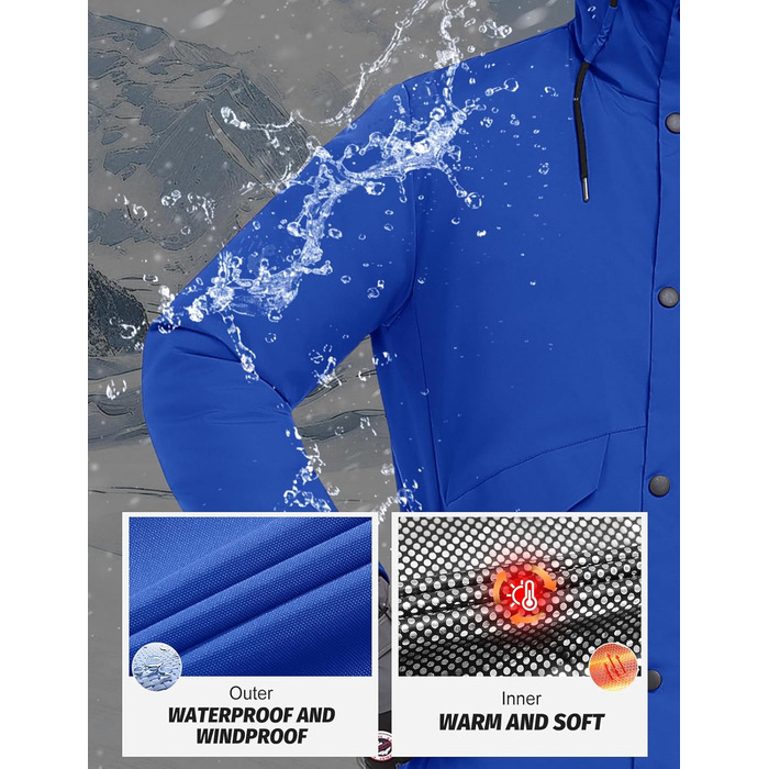 Водонепроникна зимова куртка Voqeen для чоловіків, тепла сноуборд куртка з капюшоном, вітрозахисна, для активного відпочинку, з термо-функціональною підкладкою, для походів та катання на сноуборді (Блакитний, XL)