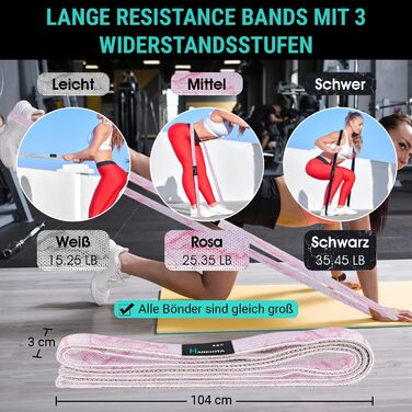 Набір з 3 еластичних стрічок для фітнесу - антиковзкі, дихаючі та еластичні - стрічки для м'язів, йоги, пілатесу та тренувань всього тіла - миються, довговічні та з сумкою. Довгі фітнес-стрічки з марочним дизайном.