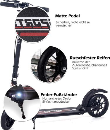 ISE Roller 200mm Big Wheel: Скутер з великим колесом 200 мм, подвійне гальмо, амортизація, складний, для дорослих та дітей, до 100 кг, з ремінним ременем та ручним гальмом, спортивний стиль