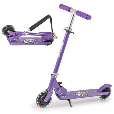 Самокат дитячий Kinder Scooter з LED-колесами, алюмінієвий, складаний, 3 регульовані висоти, до 50 кг, фіолетовий, зі стійкою та ременем безпеки