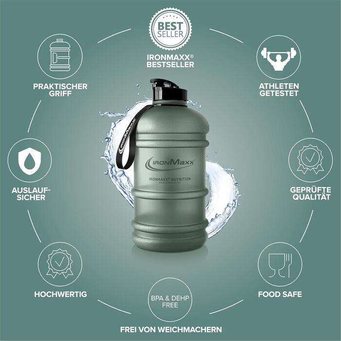 Вода IronMaxx Gallon - 2200 мл | Без BPA та DEHP | Питною пляшка з мірною шкалою, вибір кольорів (Матвий мінеральний зелений)