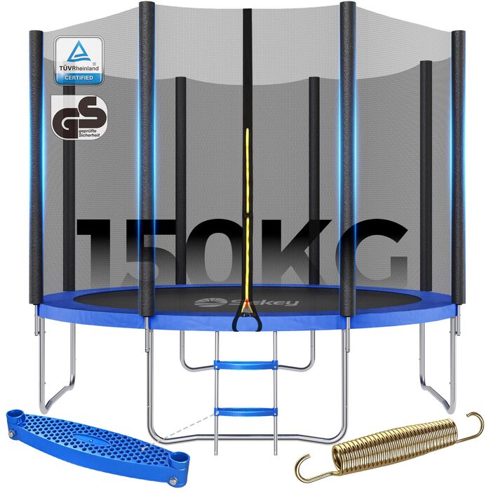 Батут Sekey Outdoor 244/305/366 см - сертифікований TÜV Rheinland GS, дитячий, для саду, з безпечним мотузковим драбиною, посиленим захисним сіткою та захисним бортиком, блакитний (305 см/10 футів)