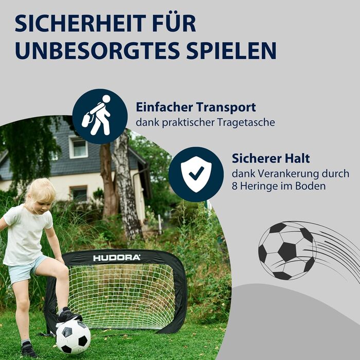 Ворота для футболу Hudora Pop Up 2 шт. - Складні футбольні ворота для дітей та дорослих - Комплект воріт для футболу в сад з сумкою та кілками - Ворота для футболу в сад/парк/пляж (Чорний)