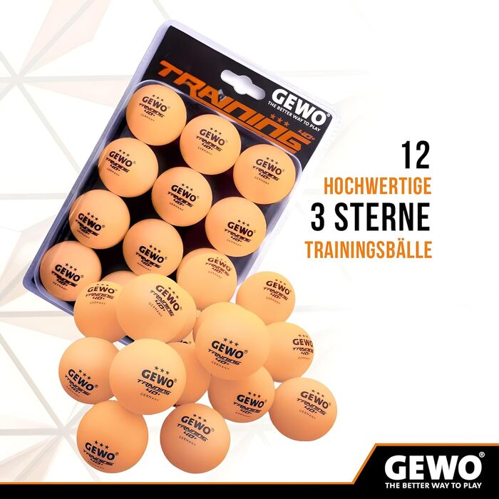 Тренажерні тенісні м'ячі GEWO 40+ - 3 зірки, ABS пластик, діаметр 40+ мм, 24 шт. (Оранжевий, 12 шт.)
