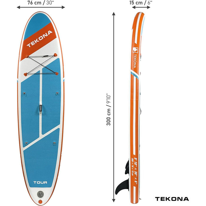 Надувна SUP-дошка TEKONA 300 см комплект: рюкзак, помпа, весло, 3 плавці, кріплення для каяка, різні моделі та кольори