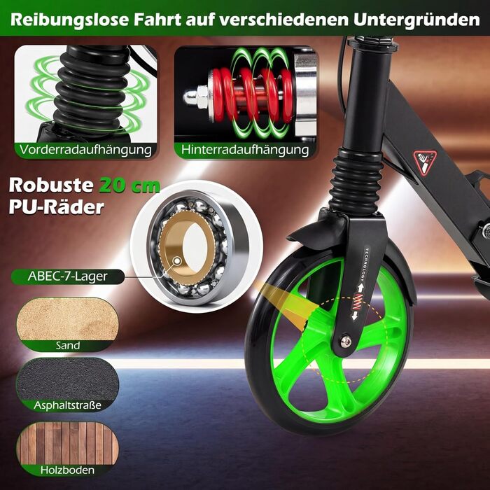 COSTWAY Розкладний самокат для дітей та дорослих, зелений, з дзвіночком та підставкою, до 100 кг