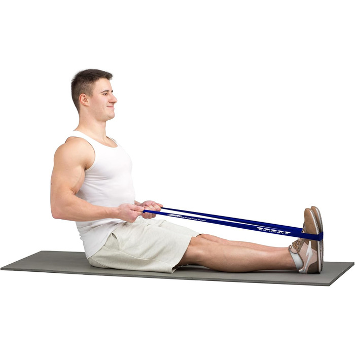 Набір фітнес-гумок Panathletic, 5 шт. – різні рівні опору, інструкція, eBook, сумка – 5 фітнес-гумок, гімнастичний бандаж, еластична стрічка чорного, червоного, жовтого, синього, зеленого кольорів (синій)