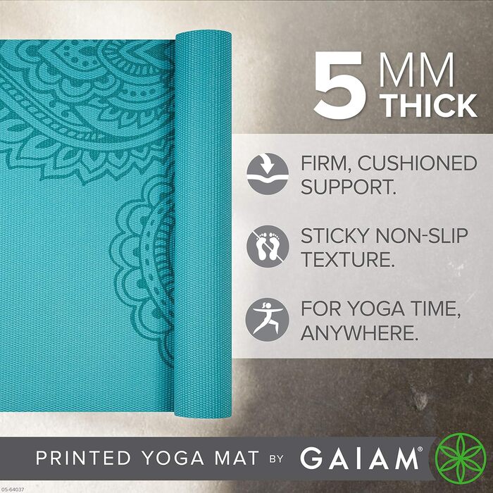 Йога мат Gaiam Premium 5 мм – нековзна тренувальна та фітнес-мат для йоги, пілатесу та тренувань на підлозі (172,7 x 61 x 5 мм, Paisley Frost)