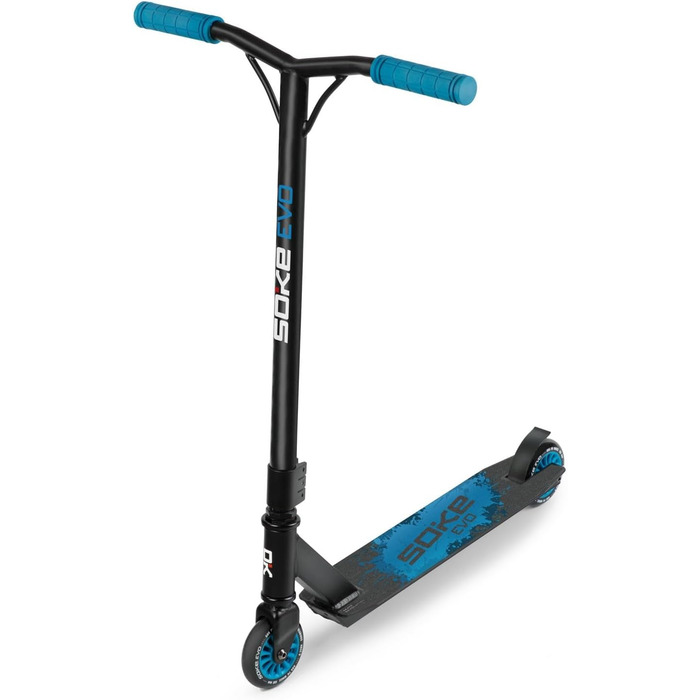 SOKE Evo: Скутер для екстремального катання в скейтпарку - ABEC-9 підшипники, сталевий Y-образний кермо з TPR-поручнями, алюмінієва дека, PU-колеса 88A, стандартний синій колір