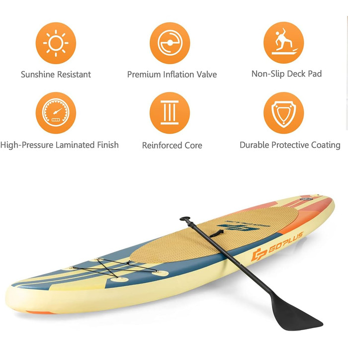 Надувна SUP-дошка RELAX4LIFE 335x76x15 см з веслом, рюкзаком, насосом, ремкомплектом та 3 плавниками, жовта – для початківців і професіоналів