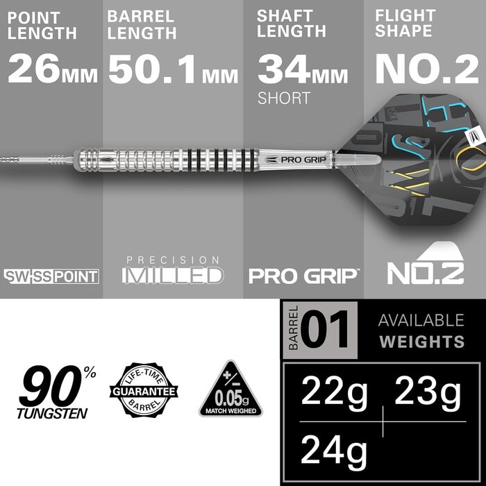 Дротики Target Chris Dobey G1 22g/23g/24g, 90% вольфрам, сталевий наконечник, Swiss Point