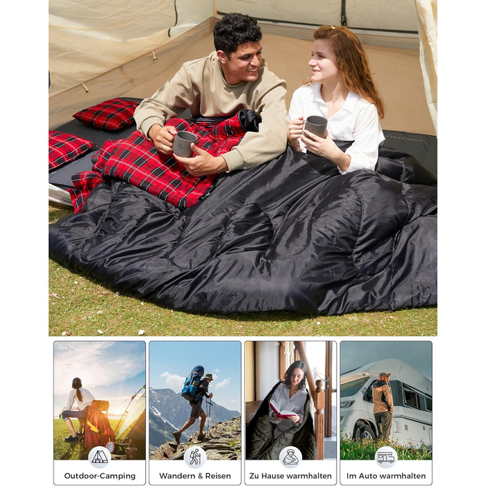 Спальний мішок KingCamp на 2 особи з фланнелю для зими, 3-4 сезони, з подушками, для кемпінгу та відпочинку на природі (чорний)