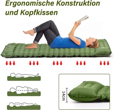 Надувний килимок для кемпінгу Isomatte, 10 см, самонадувний, з насосом, для туризму та відпочинку на природі (зелений, одинарний)