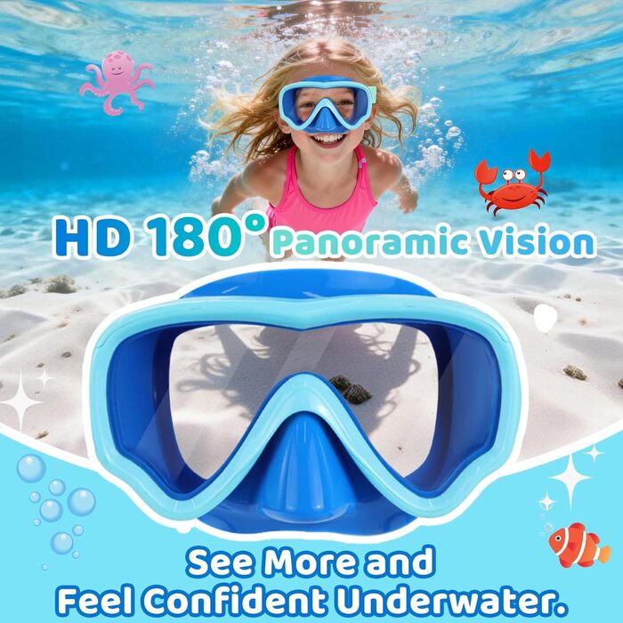 Дитячі маски для снорклінгу Vvinca з тканинним ремінцем, маски для плавання для дітей 3-14 років, хлопчиків та дівчаток, маска для дайвінгу 180° панорамний анти-затоплення (2-блакитний+зелений)